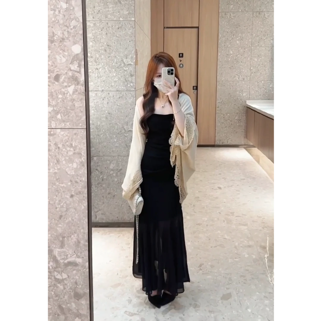 2025新款性感纯欲风修身吊带连衣裙包臀长裙防晒披肩开衫俩件套