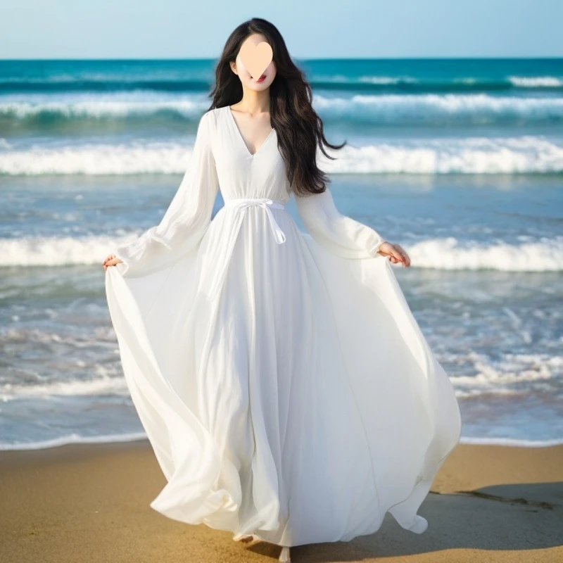 挂脖式三亚海边度假沙滩裙高级感雪纺长款裙子领灯笼袖白色仙女连