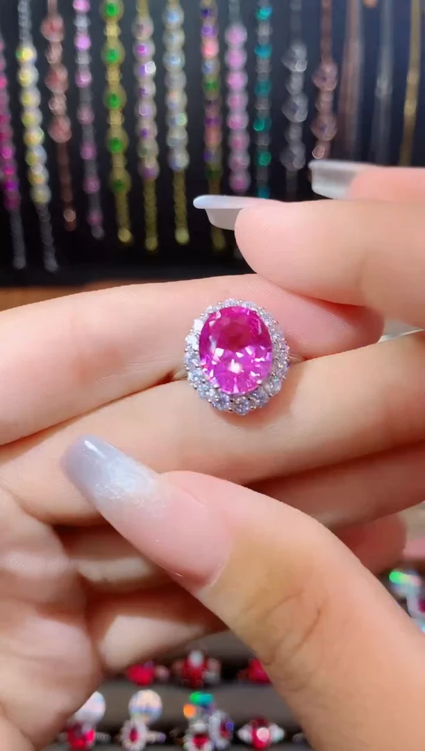 蓝宝石戒指银S925镶嵌911浅粉