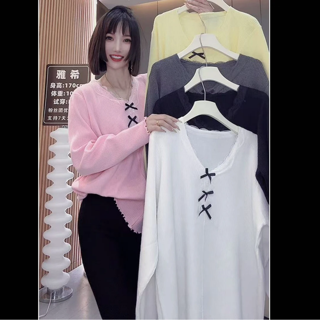 【雅希定制】蕾丝拼接蝴蝶结V领夏季长袖T恤春季新款花边针织上衣
