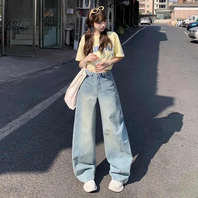 Busrr复古水洗拼接弯刀阔腿牛仔裤女2025夏季高腰宽松显瘦直筒裤