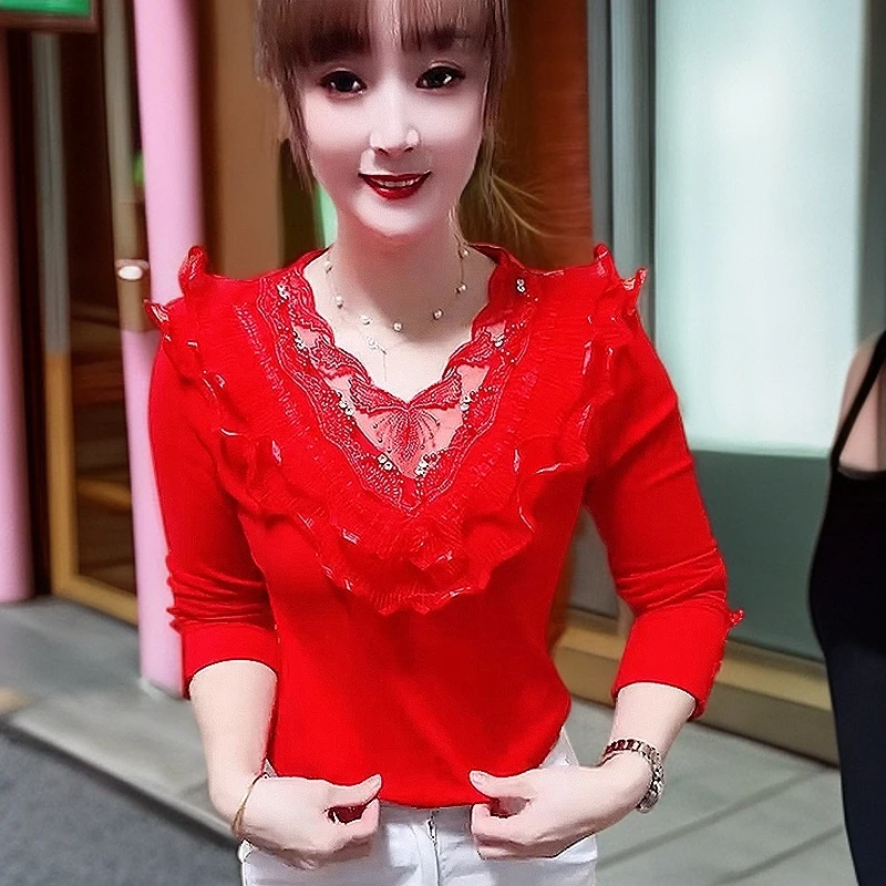 秋季新款显瘦蕾丝衫通勤风小衫宽松型蕾丝拼接长袖减龄洋气上衣女