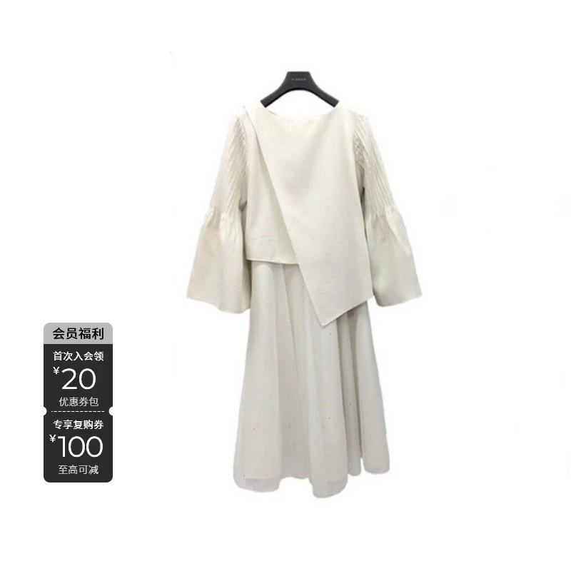 S·DEER圣迪奥秋季女装圆领压褶收腰网纱喇叭袖小众高级感连衣裙