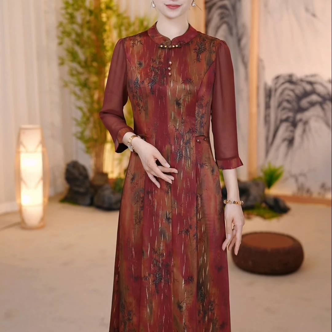 2025春夏新款长袖洋气国风改良旗袍妈妈装连衣裙（飞）OY-Z253038