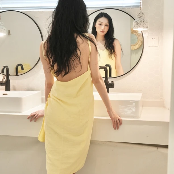 Rivance法式四层纯棉浴巾裙吊带裙浴帽吸水亲肤肩带可调浴裙露背