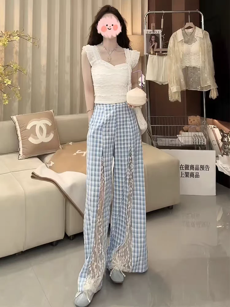 欧货蕾丝拼接格子休闲裤女2025夏季新款时尚洋气设计感高腰阔腿裤