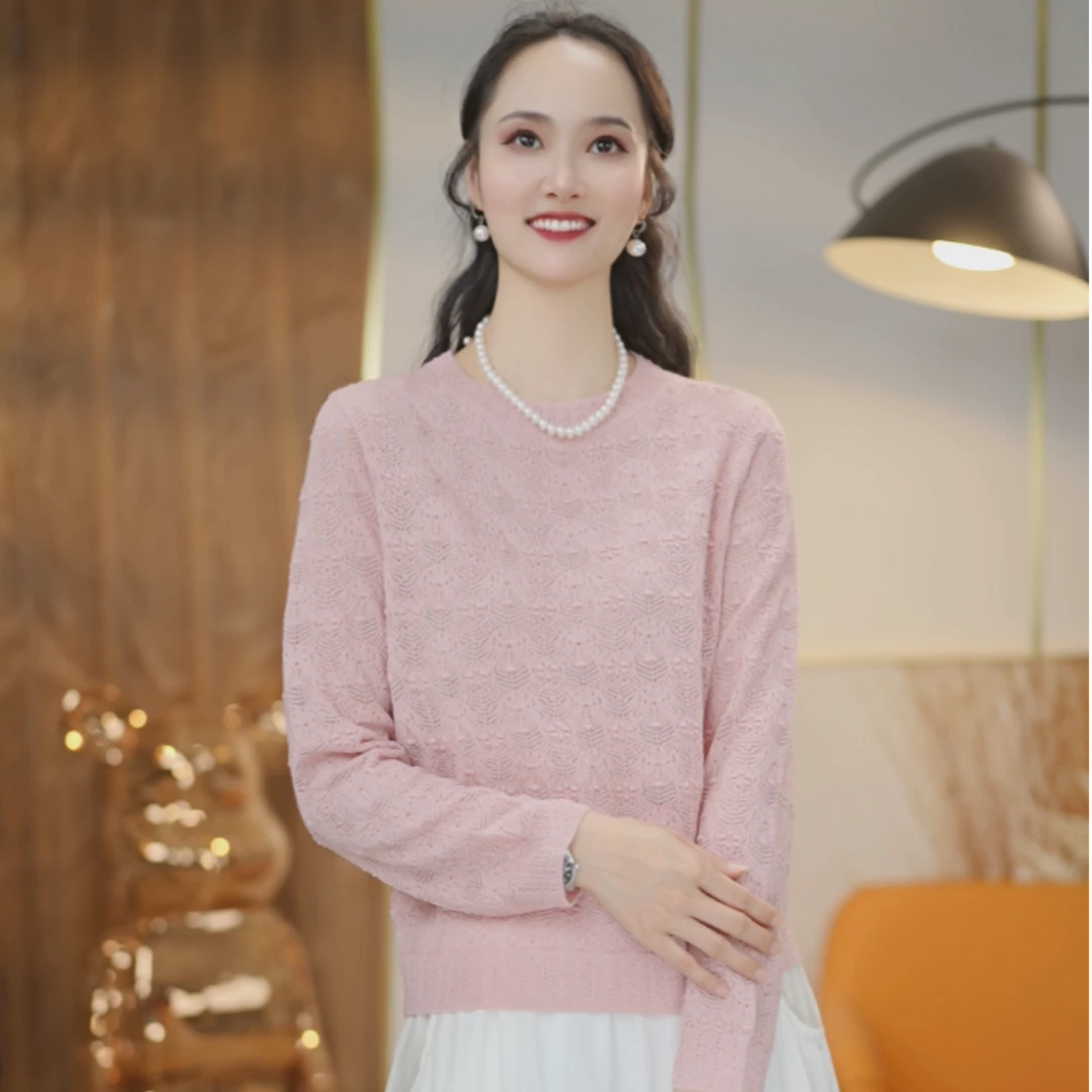 早秋新款（超细精纺羊毛）圆领设计感优雅气质长袖针织衫1579235