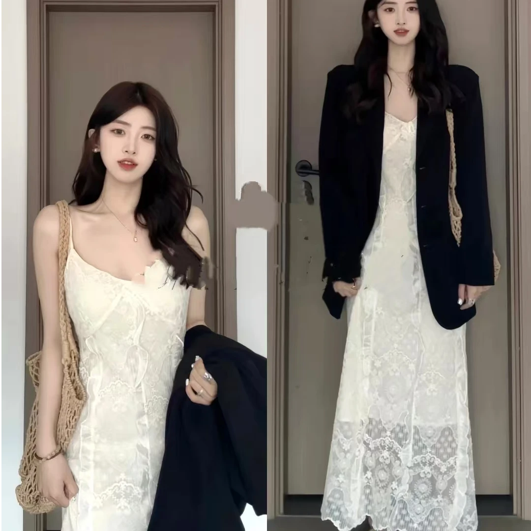 叮叮家【冰岛白茶】新款韩版吊带仙女裙小众长裙+黑色西装外套