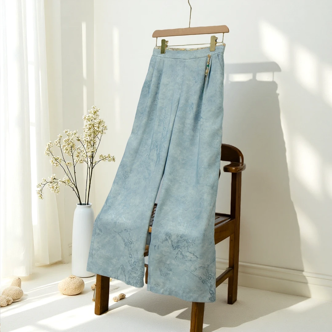 喜上眉梢  25年夏季超有型重磅杭丝提花高腰显瘦休闲阔腿裤DZ1115