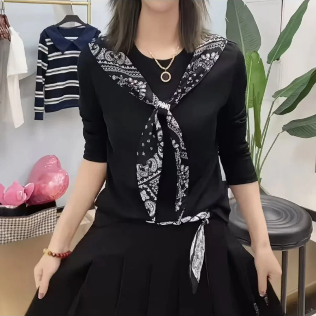 常规长袖仙女风V领T恤春季秋季针织假两件88016