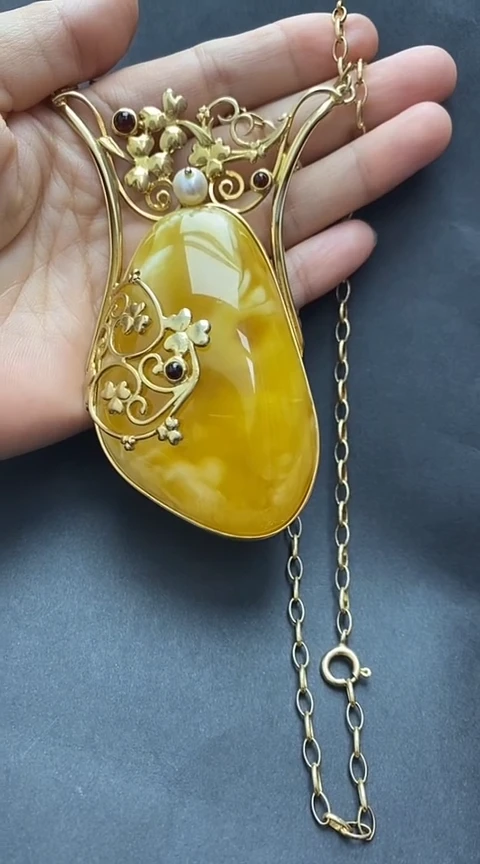 银S925镶嵌琥珀裸石蜜蜡吊坠