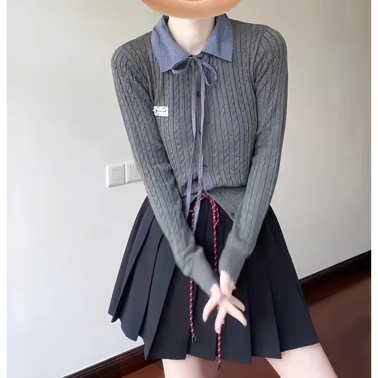 2025秋季新款韩系穿搭减龄甜美翻领长袖针织衫百褶半身裙两件套装