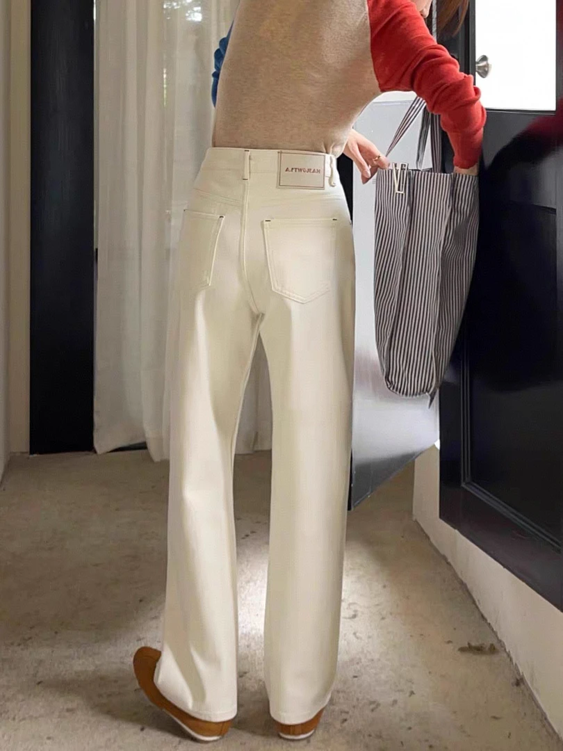 SU【82918】愫雅深圳南油MWMA英国轻奢新款米白色四面弹窄版直筒裤~