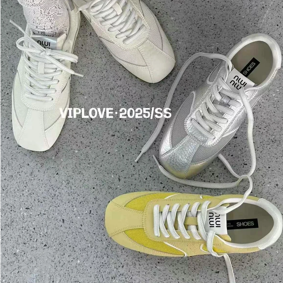 2025春季新款韩系真皮拼网系带百搭休闲鞋