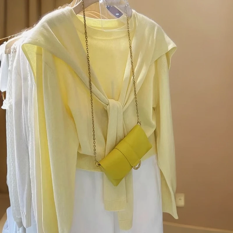 春秋慵懒风设计感小众卫衣针织衫女奶黄色高级感气质毛衣打底衫潮