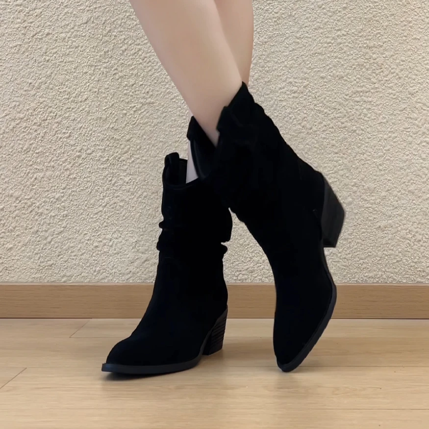 RubyL/6.5cm复古风通勤百搭磨砂褶皱套筒尖头粗跟堆堆短靴女款