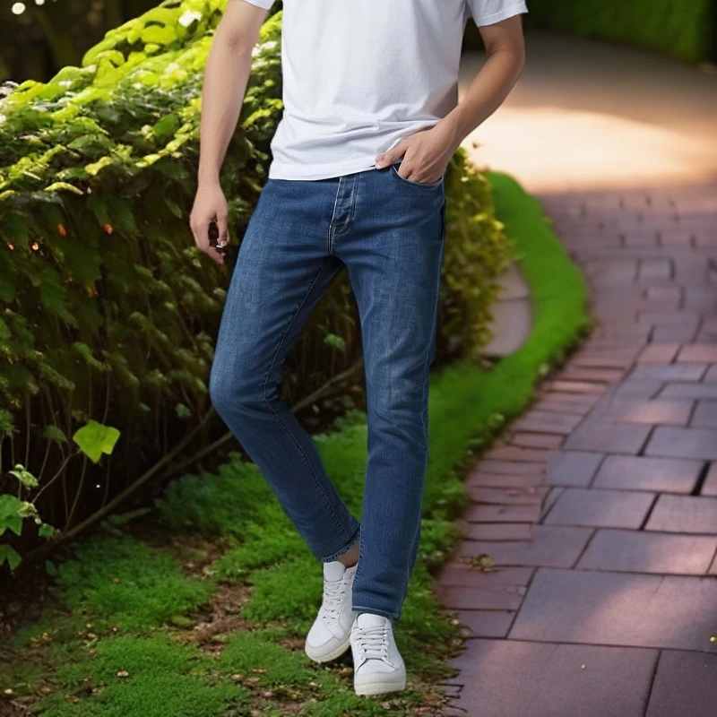 95新 BURBERRY/博柏利 11580519 皮牌logo蓝色牛仔裤 32码