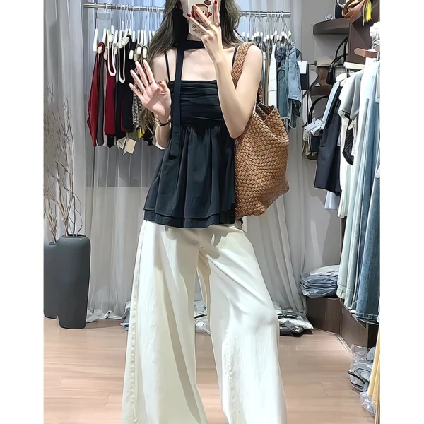 法式黑色褶皱抹胸吊带女2025夏季新款甜酷设计感飘带外穿背心上衣