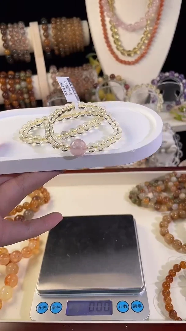 未镶嵌手串水晶双圈黄+粉，