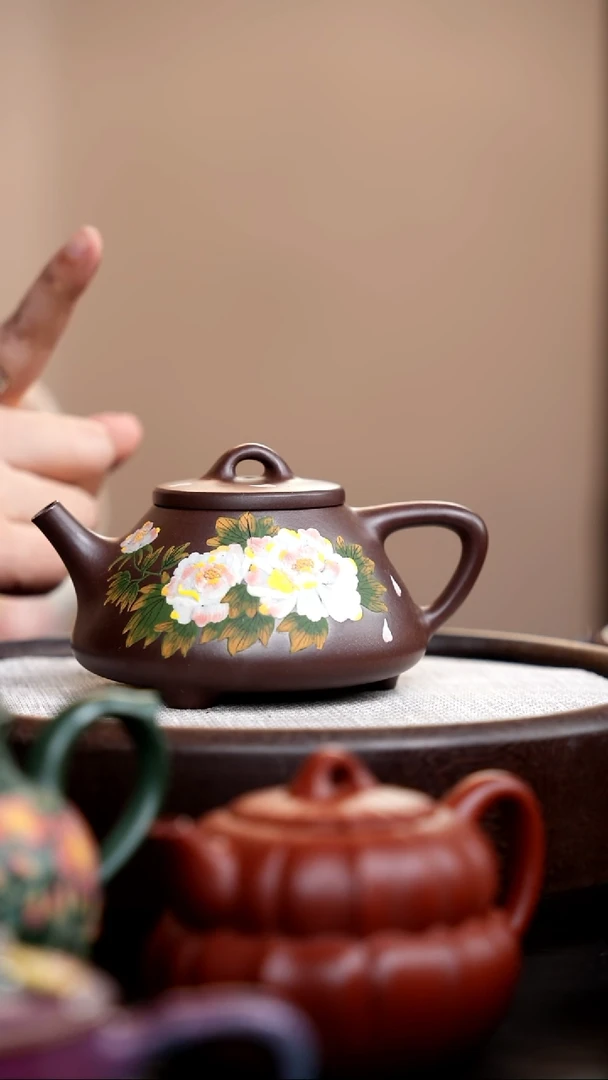 茶壶紫砂紫泥子冶石瓢泥绘三牡丹