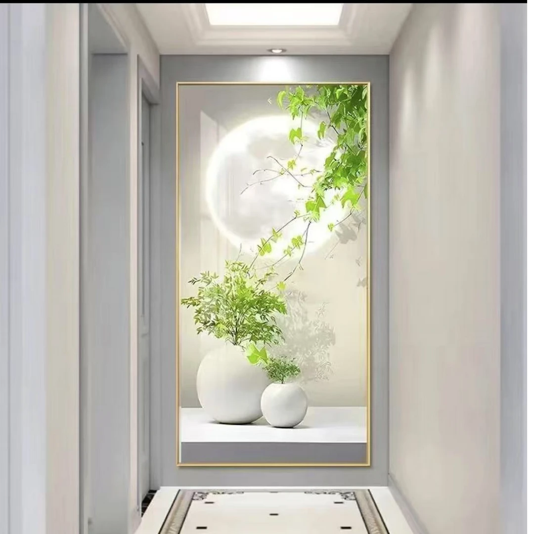 Q189绿植晶瓷镶钻玄关轻奢风装饰画现代简约走廊竖版大气高端挂画