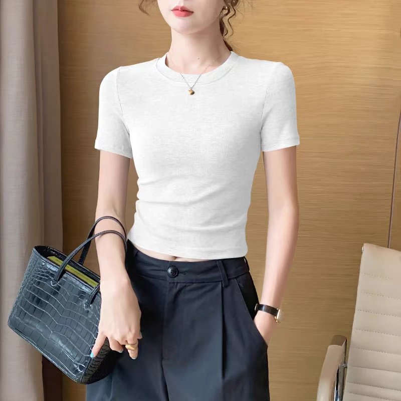 19-29 莫代尔 T恤打底衫韩版镂空短袖洋气夏季螺纹
