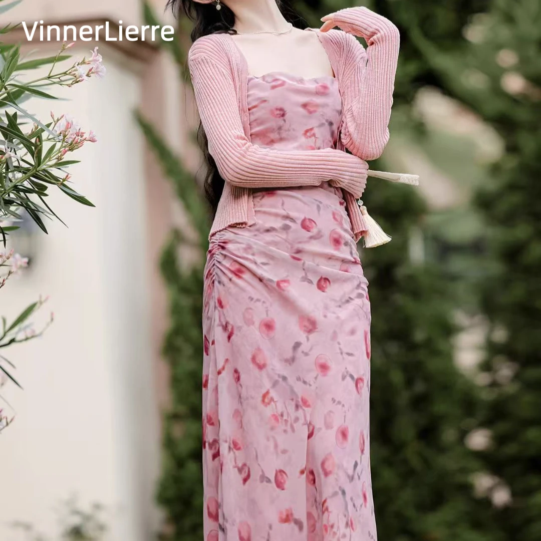 薇妮诺夏季复古碎花连衣裙高弹力无袖吊带方领包臀长裙艺术流浪风