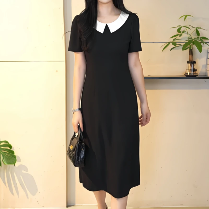 韩系简约高级感休闲黑色连衣裙女早秋设计感宽松气质拼接显瘦裙子