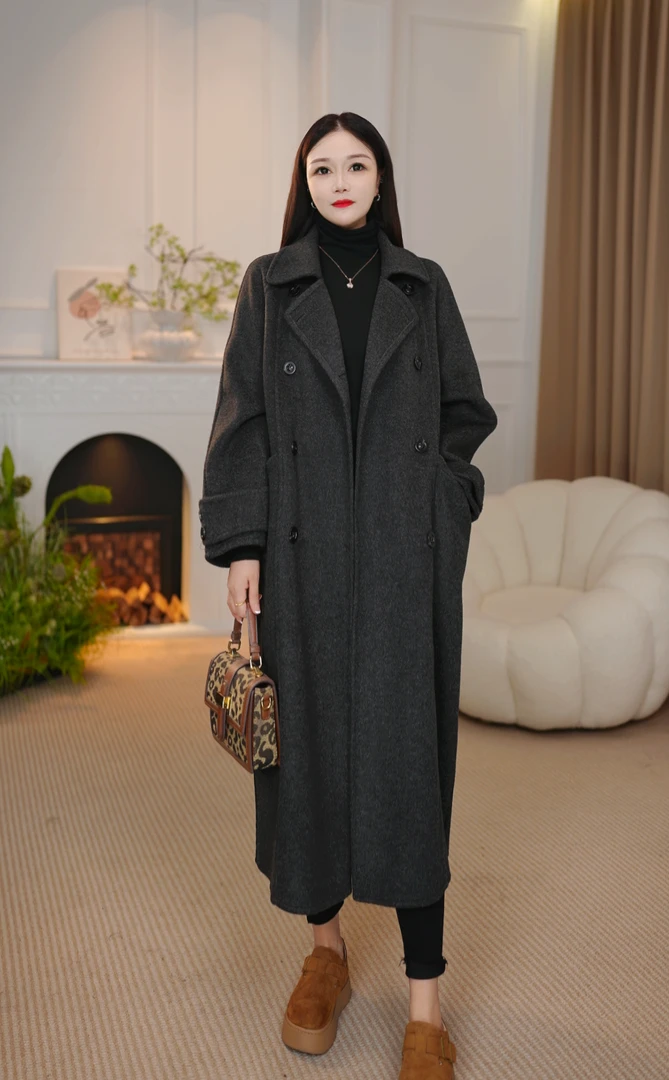 长款毛呢外套温柔风长款大衣中长款毛呢宽松黑色8535
