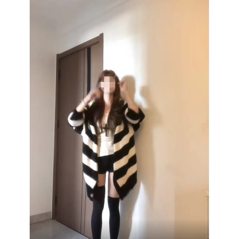 韩系甜美少女条纹慵懒风睡衣女秋冬新款休闲时尚保暖针织居家睡袍