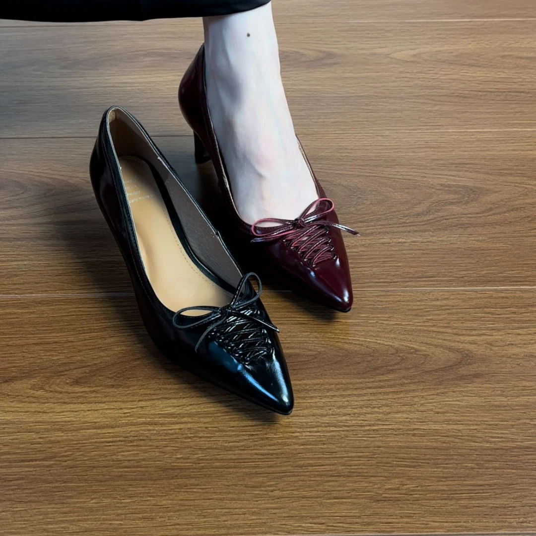 5.5CM头层马油牛皮法式尖头浅口单鞋女鞋2025春季新款香风蝴蝶结