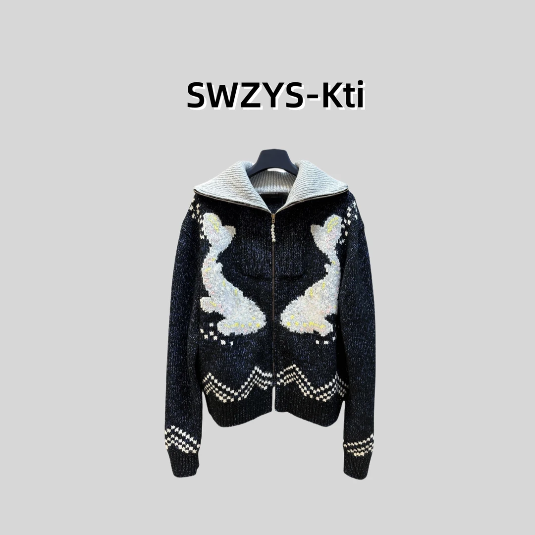 SWZYS 秋冬鲸鱼拼接拉链针织毛衣外套