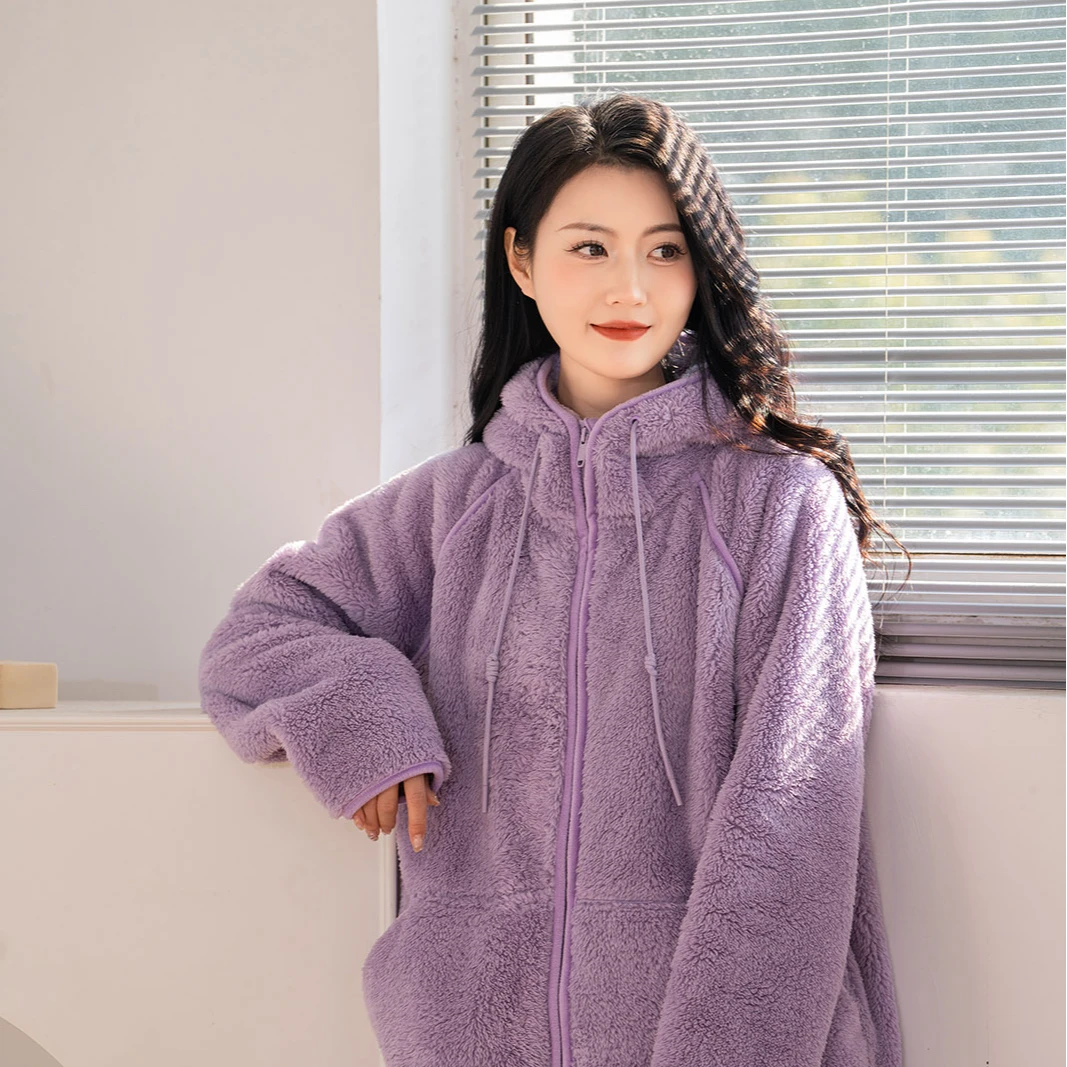情侣休闲宽松保暖韩版羊羔绒加厚加绒时尚双面连帽毛绒家居服睡衣