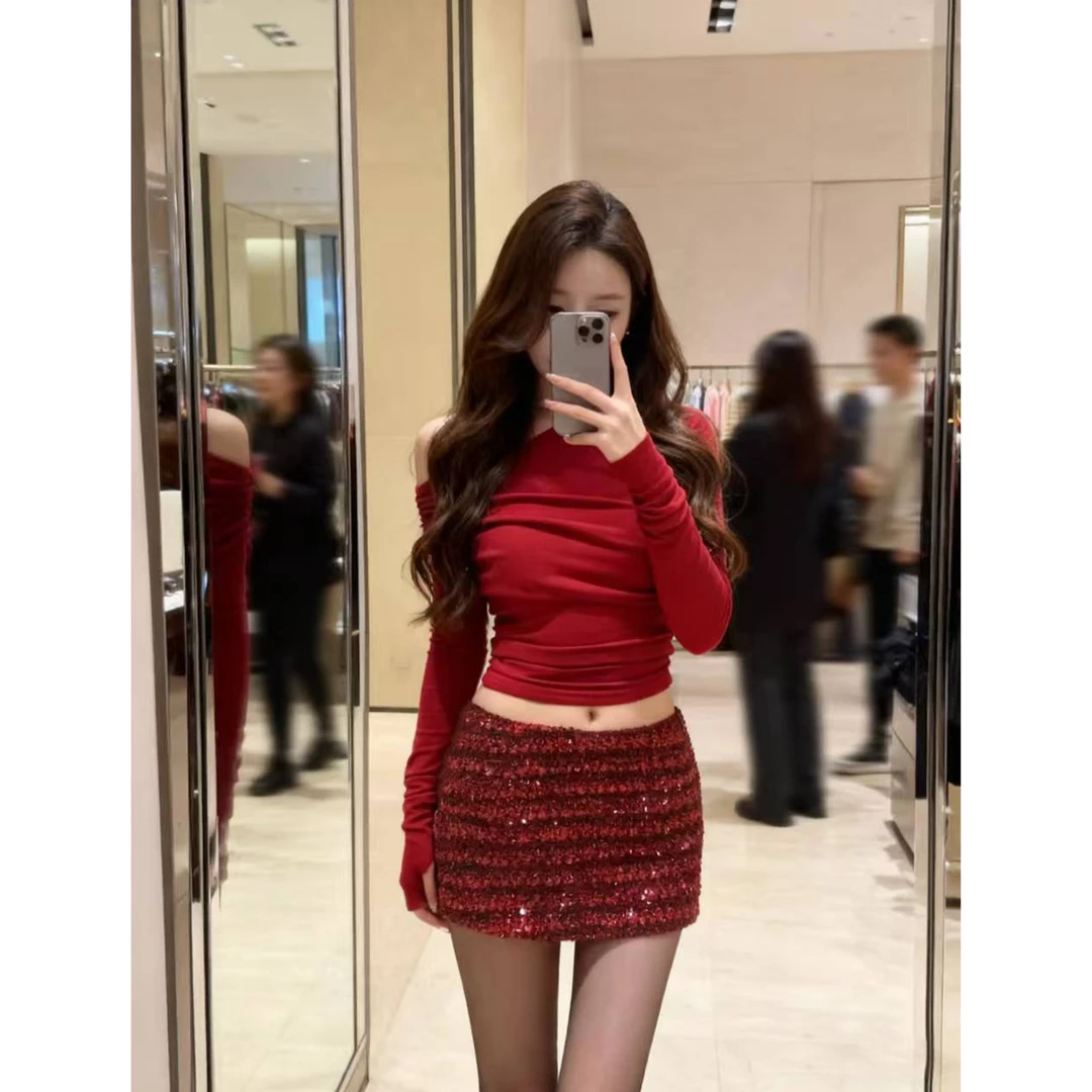 氨围感红色斜领露肩长袖T恤/秋冬小众亮片包臀短裙套装C 5010#