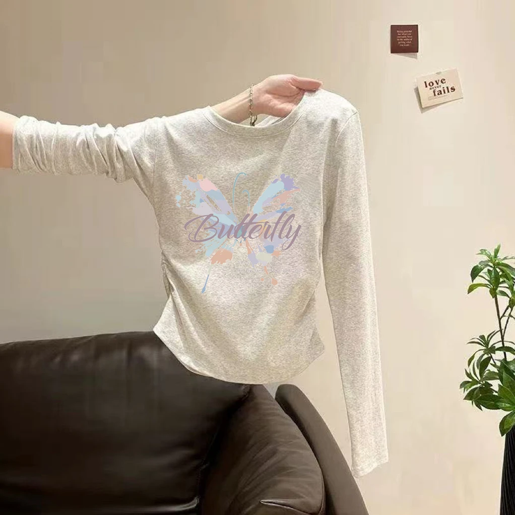 100%纯棉女童打底衫2025春秋装洋气长袖T恤中大童褶皱洋气上衣ins