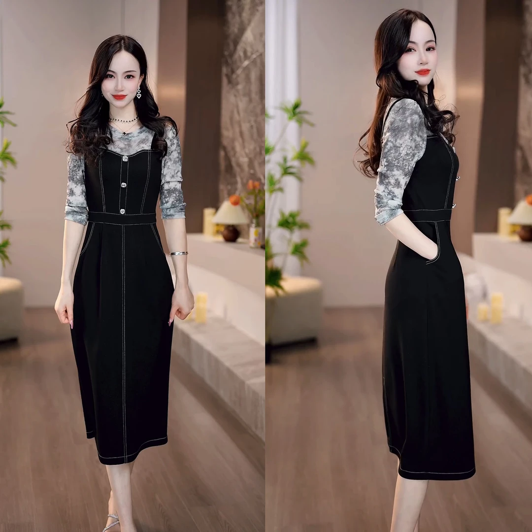 2025春款扎染图案印花打底衫拼接简约吊带裙假两件连衣裙M-4XL