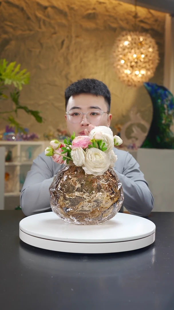 手工艺品琉璃茶金色冰川纹设计款花器