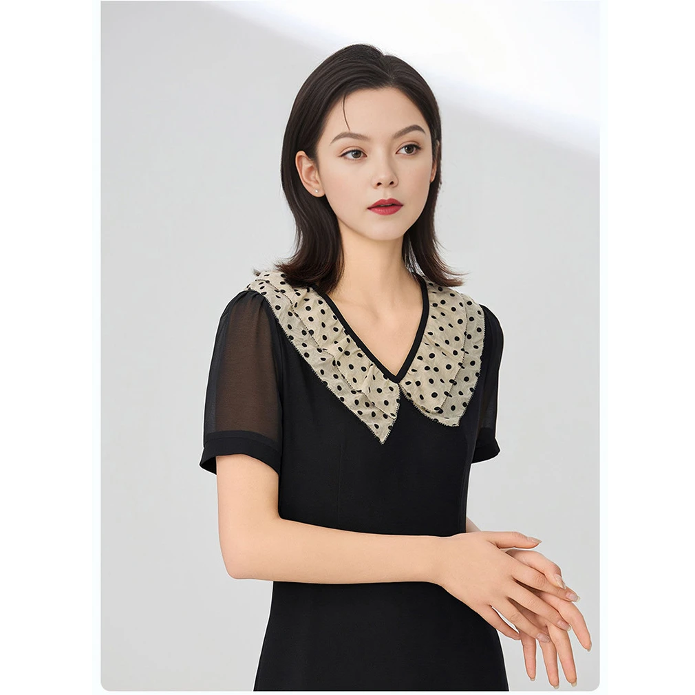 【盈盈专属】气质娃娃领波点撞色洋气小黑裙减龄连衣裙VDS837DRX0