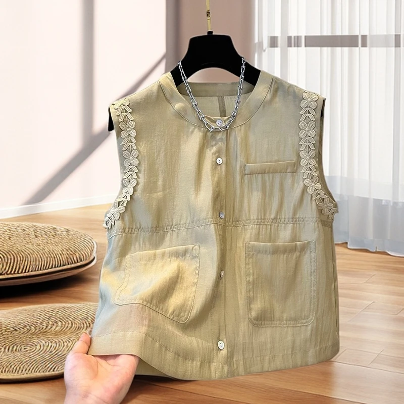 短款感大码胖MM小众无袖花边衬衫外穿上衣夏季洋气新款小衫潮流爆