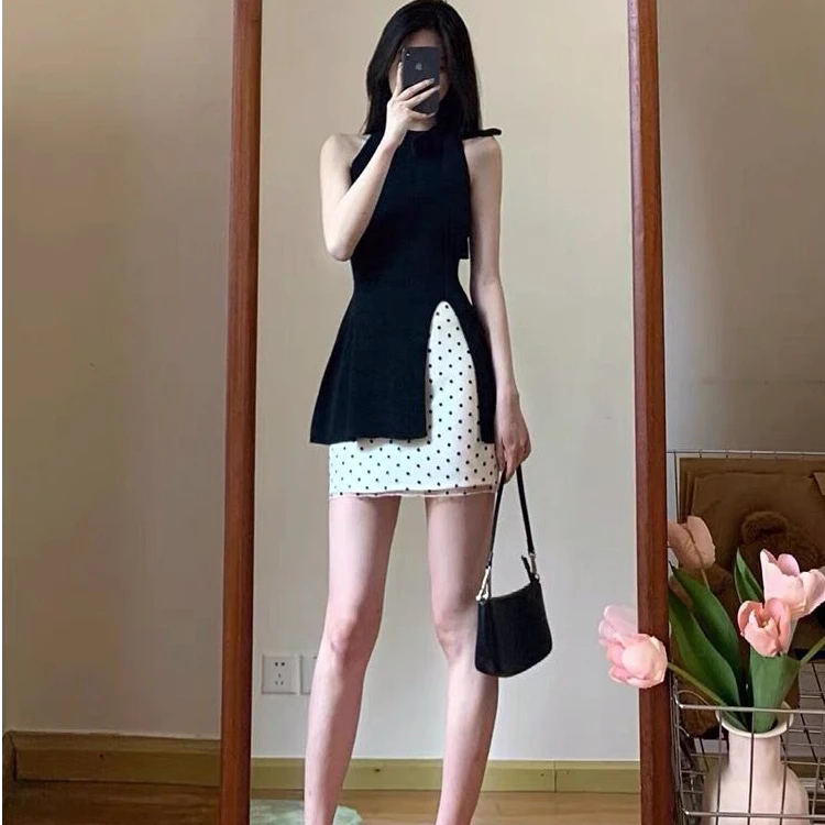 波点半身裙子女法式挂脖蝴蝶结针织上衣短裙两件套装夏季2025新款
