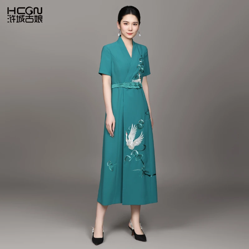 新款中国风重工刺绣舒适优雅气质女士鹤云仙连衣裙-BMT17611