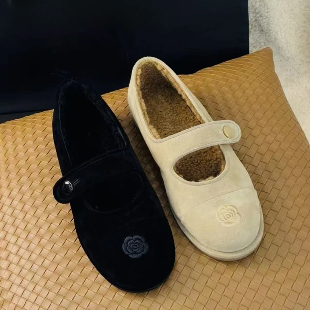 2025新款小香风玛丽珍毛毛鞋一字带羊毛平底冬季温暖精致