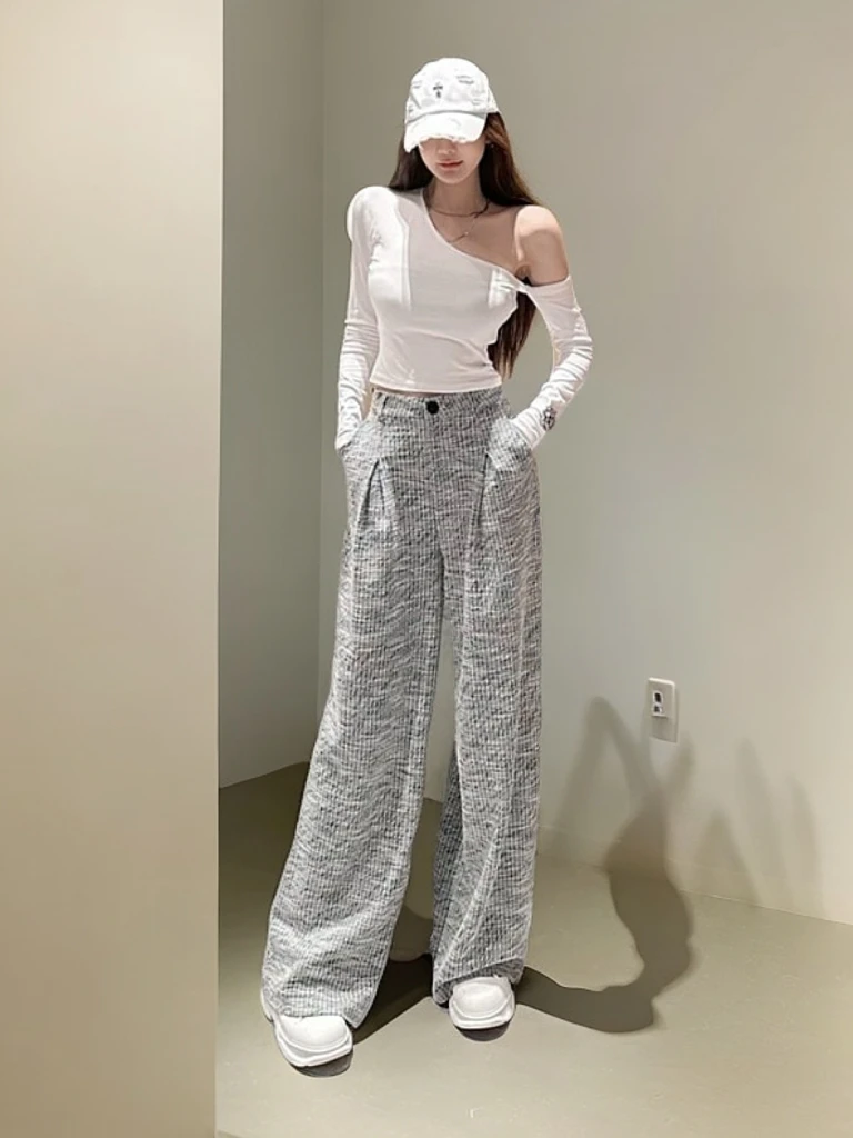 春季设计感小众气质露肩白色长袖T恤女垂感直筒阔腿拖地长裤套装