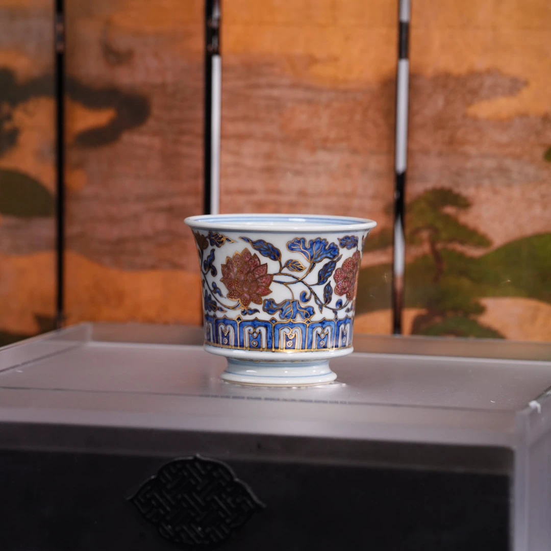 逸古堂 | 描金青花釉里红四季花雅足马蹄杯 70ML 景德镇陶瓷