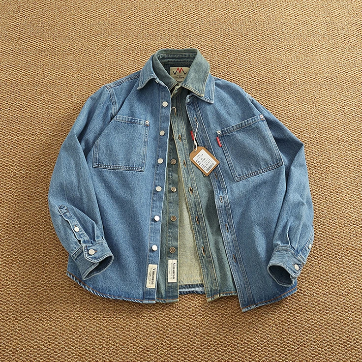 DeweLvum休闲纯棉长袖牛仔衬衫男潮重磅水洗做旧工装休闲外套男装