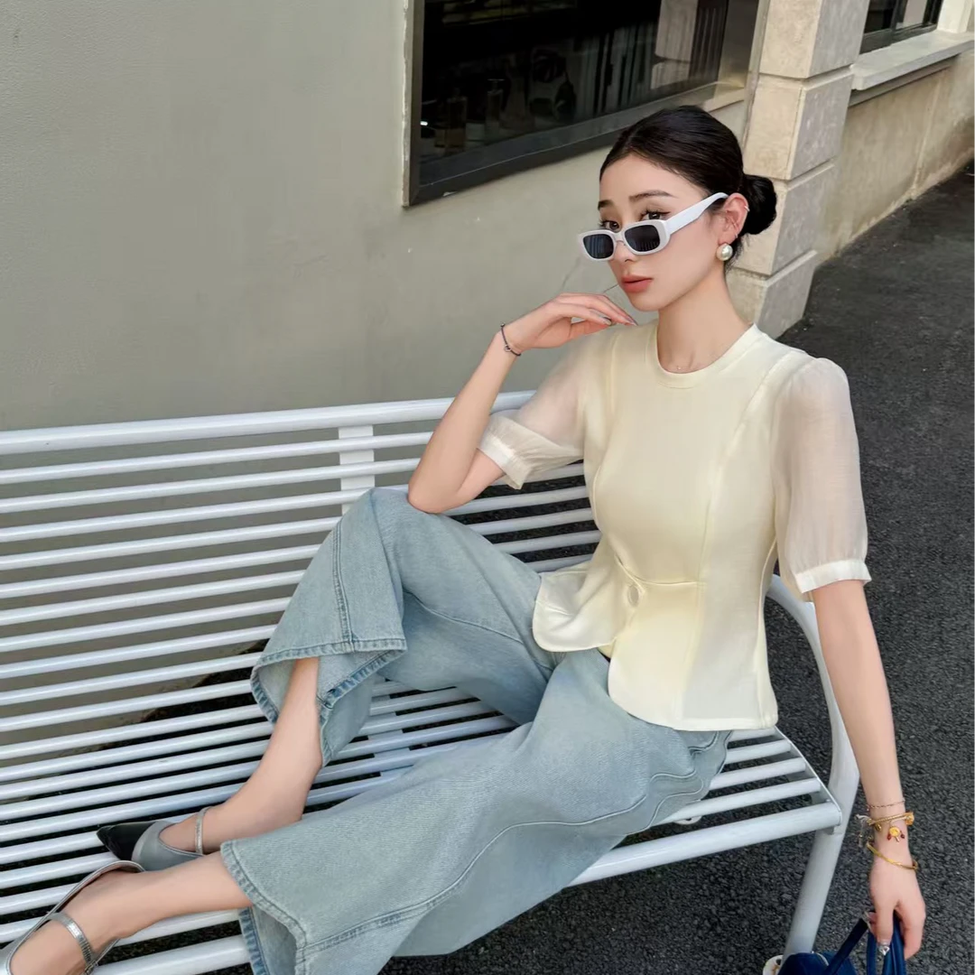 无印心匠A156 纯色泡泡袖v领拼接街头风短袖T恤时尚短袖K1731