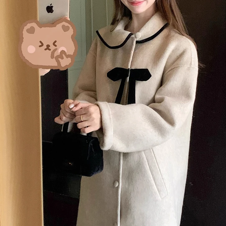 设计手稿 单侧围巾双面呢大衣女冬小个子中长款小翻领羊毛呢外套