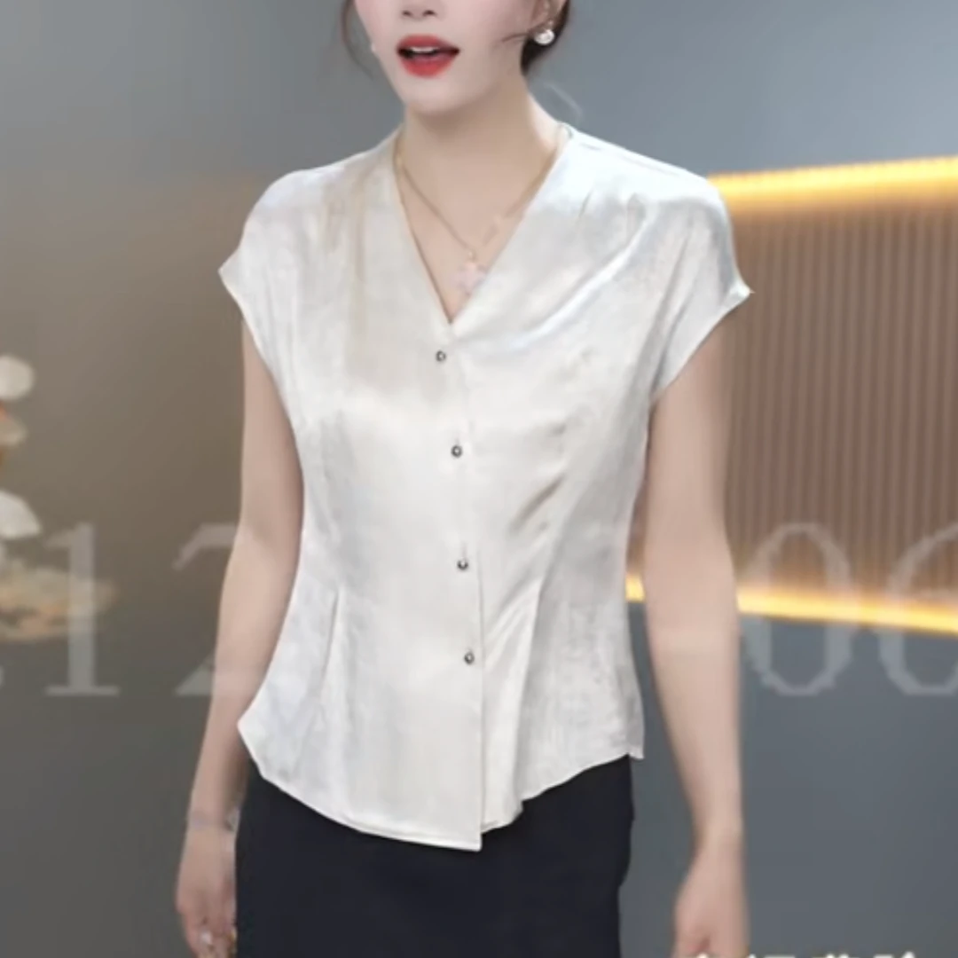 夏季缎面设计感小众时尚气质女V领短袖t恤百搭