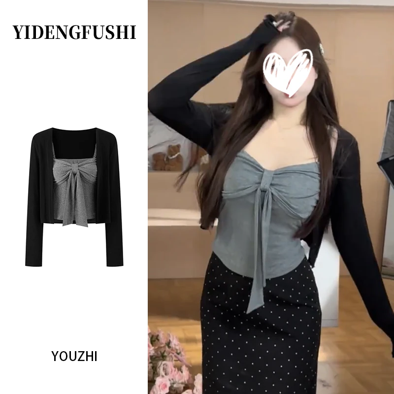 韩系纯欲蝴蝶结吊带长袖外搭开衫两件套女早秋显瘦巨好看百搭上衣