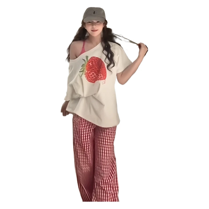 纯棉美式斜肩短袖女夏草莓印花t恤宽松上衣夏季百搭时尚显瘦宽松t